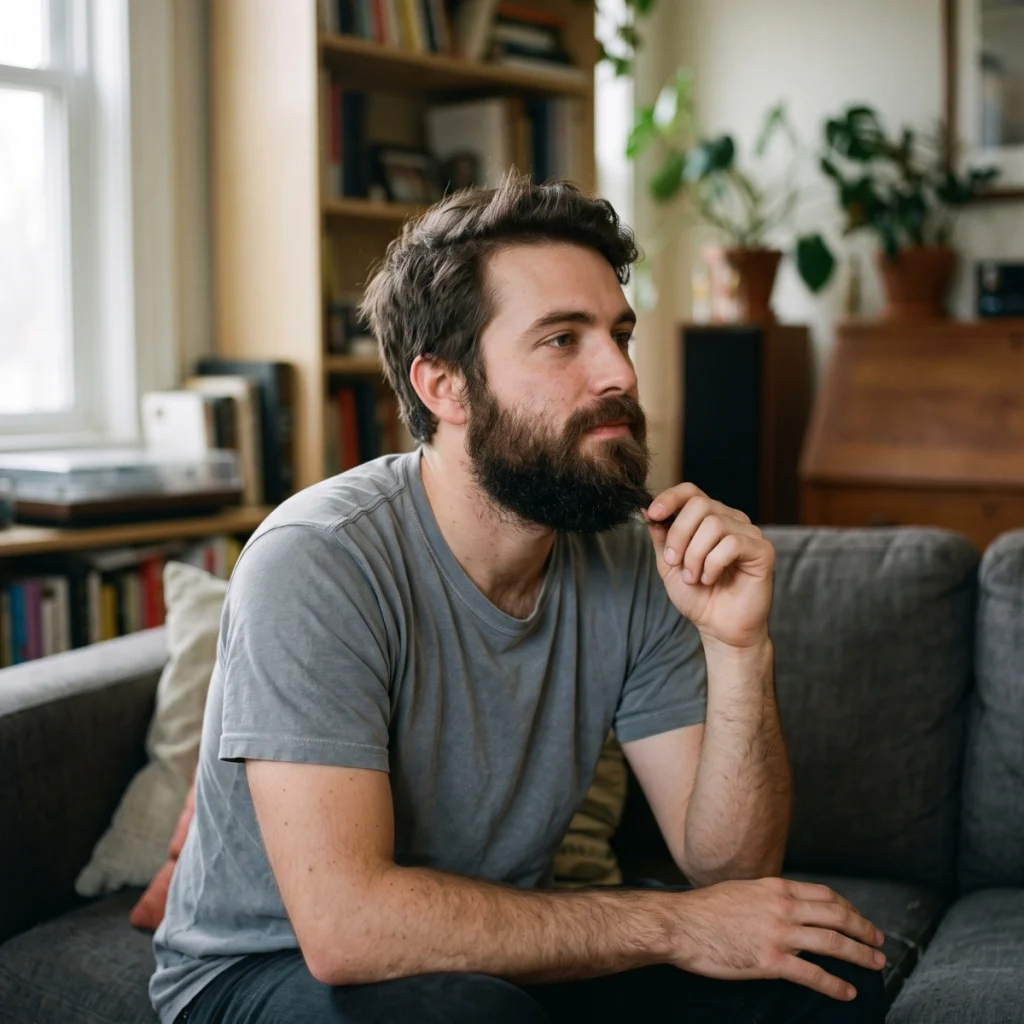 Man absentmindedly touching his beard while sitting at home