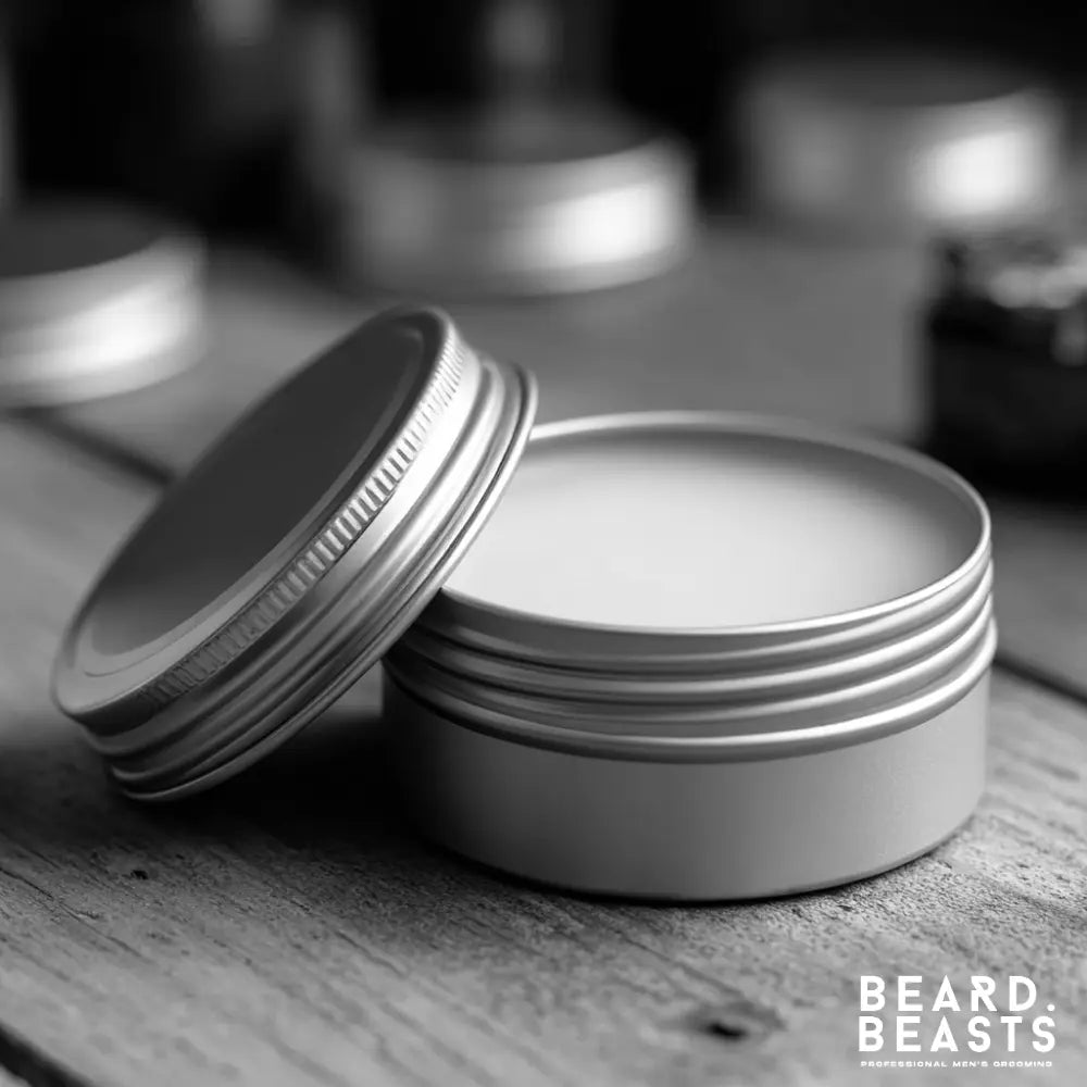 Open tin of beard balm on wooden table showing smooth texture