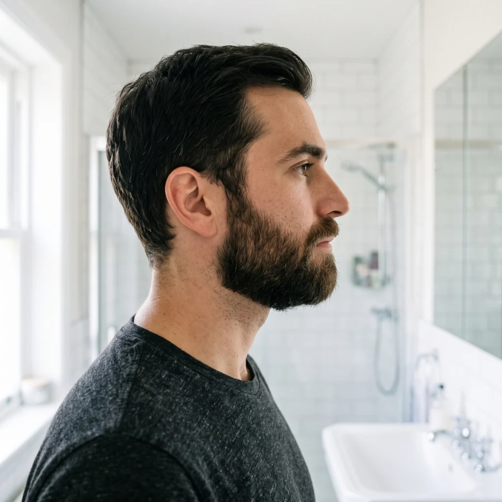 Side profile of a bearded man showing a proper neckline below the jaw
