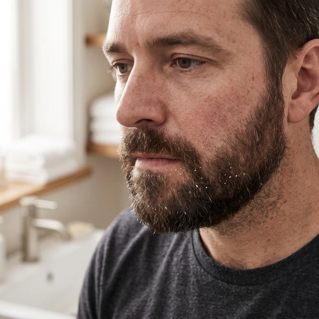 Man with beard dandruff flakes and dry skin under his beard