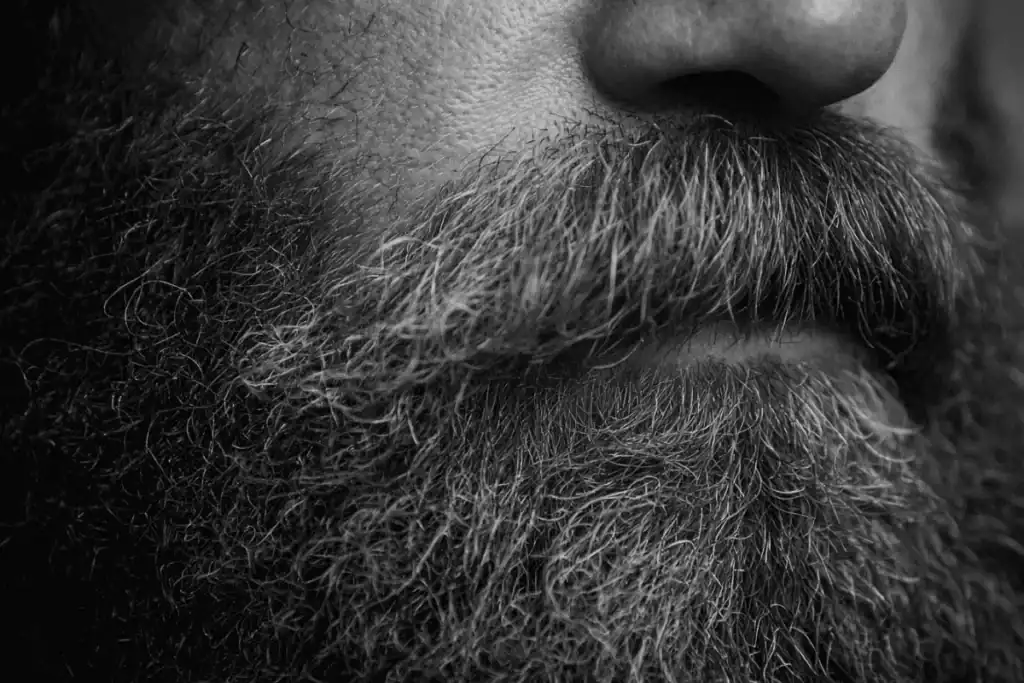Close-up of an overgrown moustache and beard showing a common beard grooming mistake.