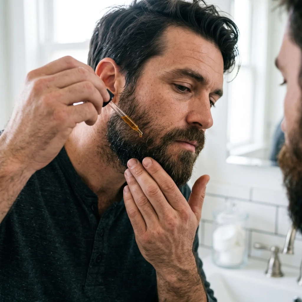 Man applying beard oil to a coarse beard while checking the hair in the mirror.