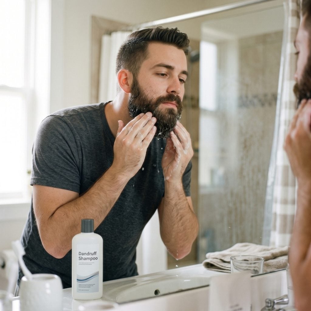 Man applying dandruff shampoo to his beard