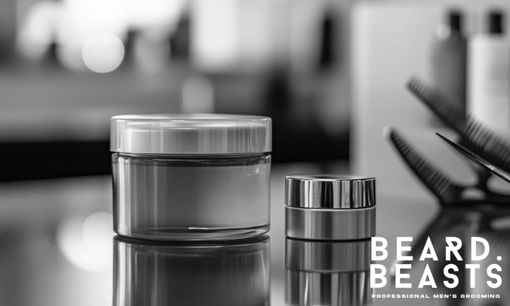 Close-up of a cosmetic hair product jar on a bathroom counter, representing the common beard grooming mistake of using hair products on beards instead of beard-specific formulas.