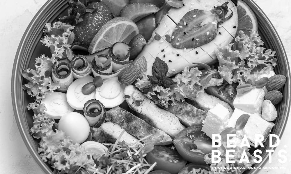 Healthy ketogenic lunch with grilled chicken, avocado, eggs, and vegetables, perfect for maintaining a healthy diet for a softer beard.