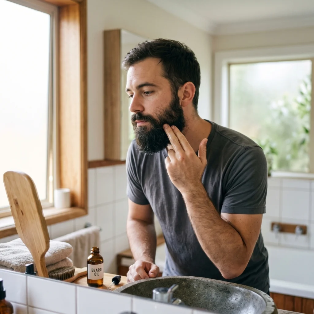 Man applying beard oil to the skin underneath his beard