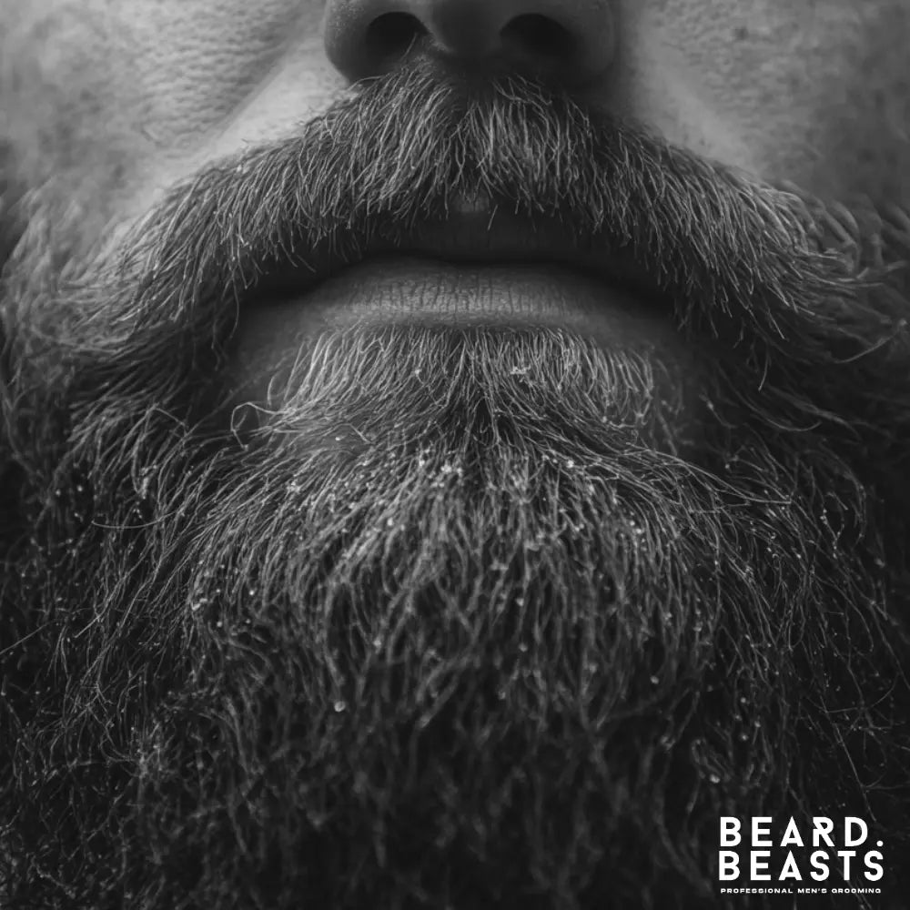 A close-up of a man’s beard showing visible flakes, illustrating beard dandruff before treatment.