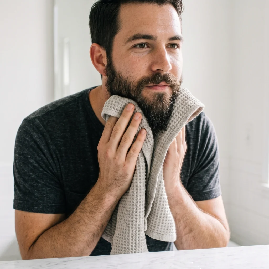 Man gently towel-drying a slightly damp beard as part of a simple beard-softening routine.