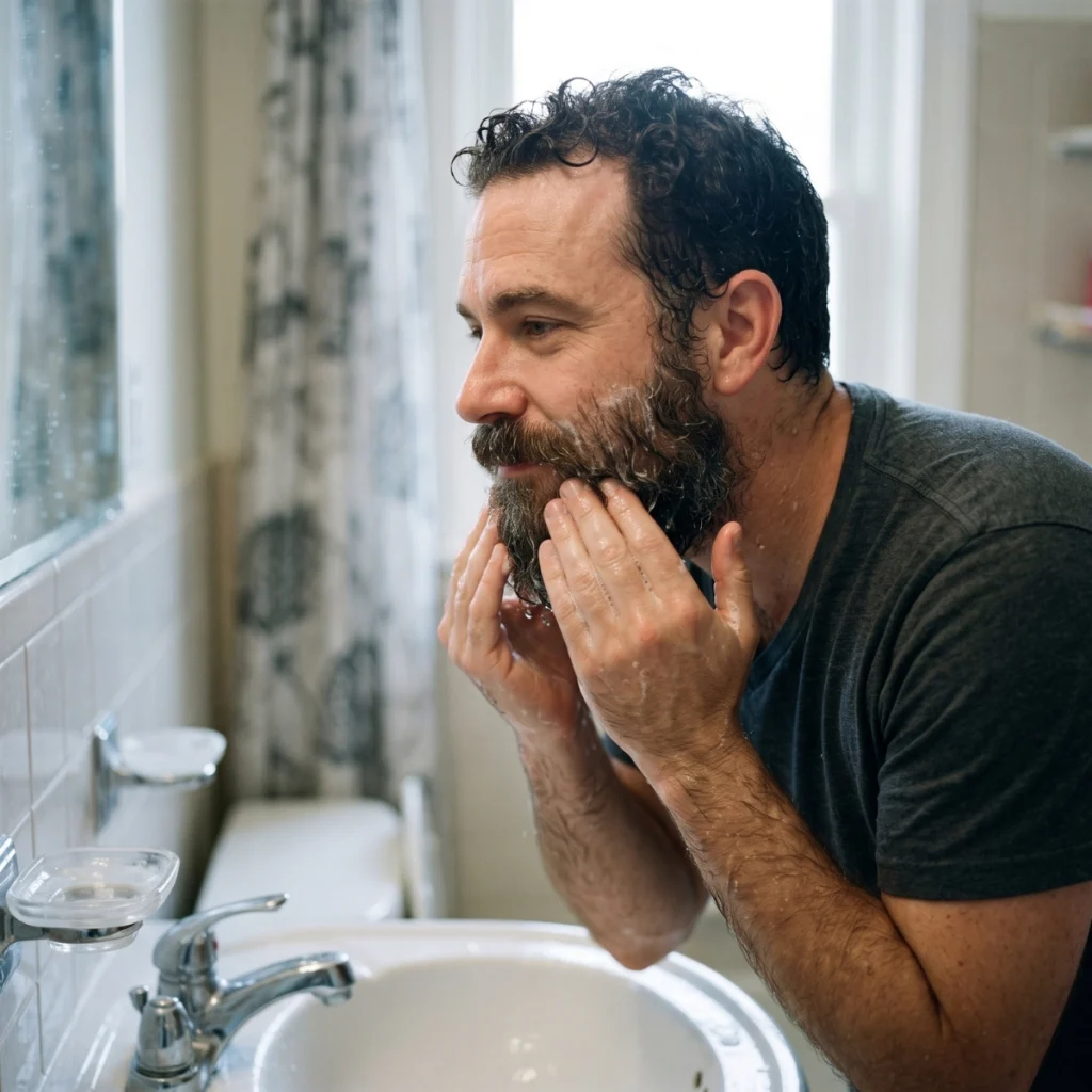 Man washing his beard with dandruff using his fingertips