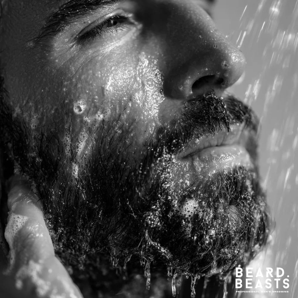 Close-up of a man washing his beard with water and shampoo, demonstrating how to get rid of beard dandruff through proper cleansing.
