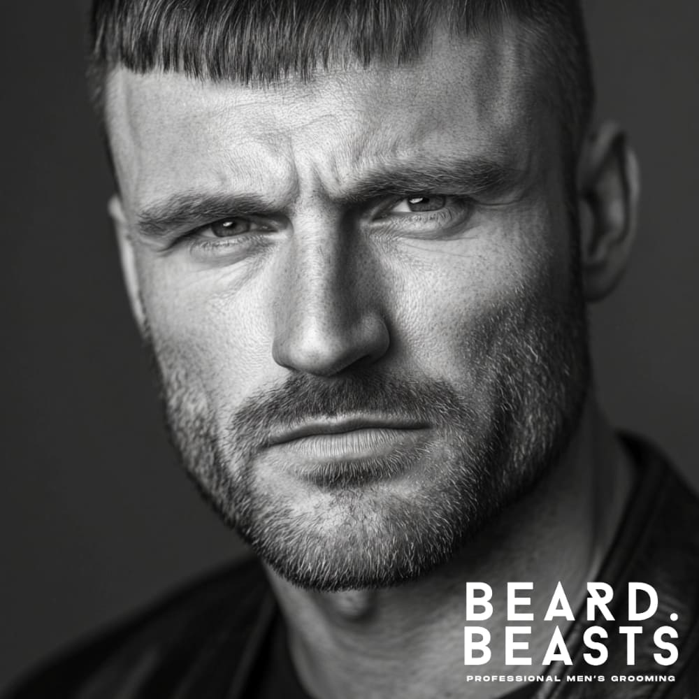 Close-up of a man with heavy stubble (approximately 10 days of growth), showcasing a bold and mature look. The well-defined jawline and cheek lines emphasize how to grow stubble that is full and polished. The soft lighting highlights the texture and depth of the facial hair, creating a rugged yet sophisticated appearance against a neutral background.