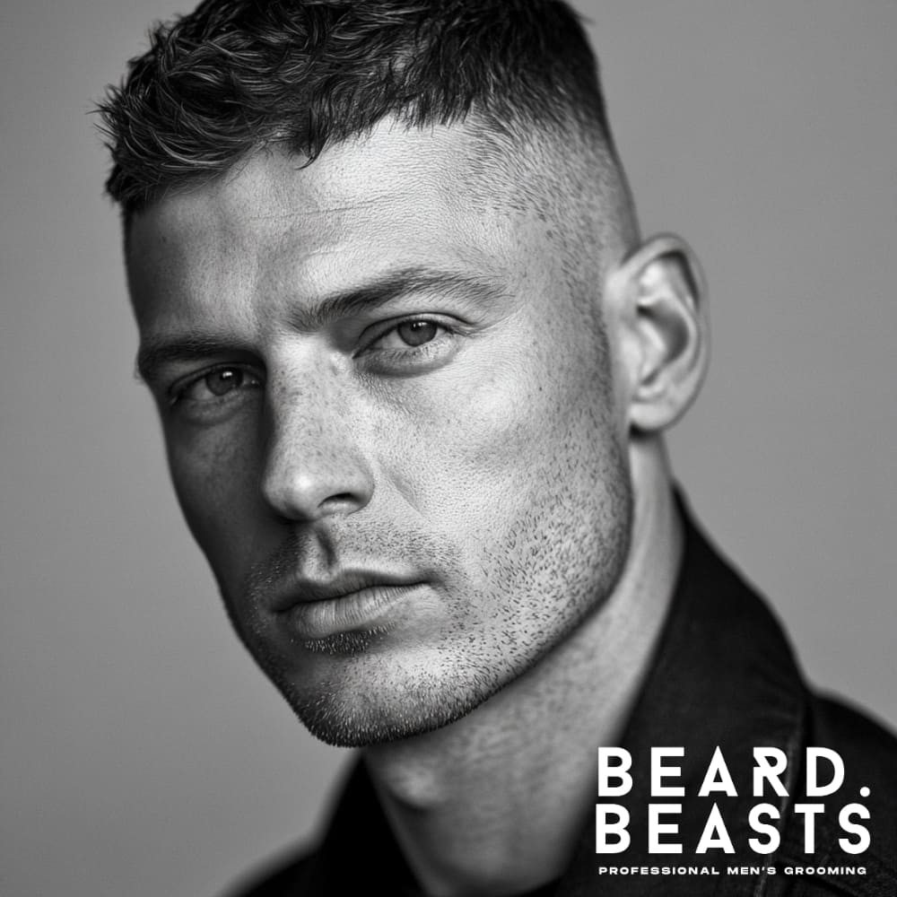 Close-up of a man with well-groomed light stubble (1-2 mm), showcasing a clean and sharp look, emphasizing how to grow stubble for a professional and stylish appearance. Soft lighting highlights the contours of his face, and a neutral background enhances the focus on his facial hair. Perfect example of a polished yet approachable grooming style.