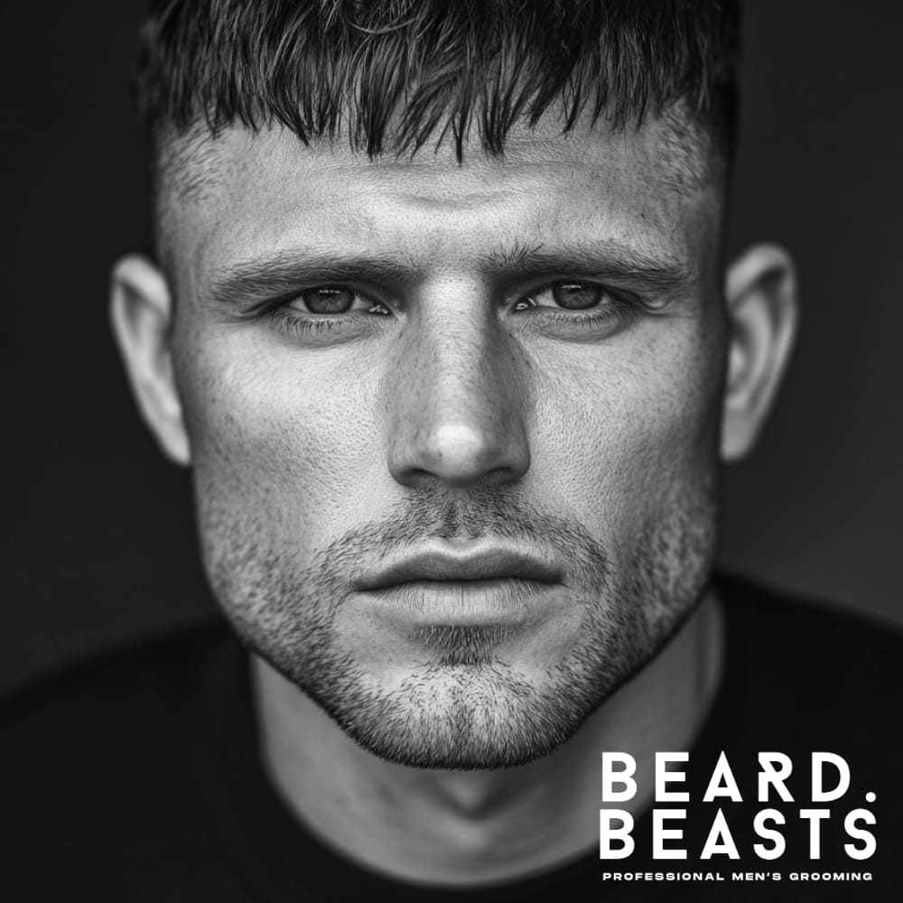 Close-up of a man with medium stubble (approximately 5 days of growth), demonstrating a bold and defined look. The sharp cheek and jawline emphasize the benefits of understanding how to grow stubble for a rugged yet polished style. The dark background draws focus to his facial features and well-groomed stubble, highlighting a balanced and masculine appearance.