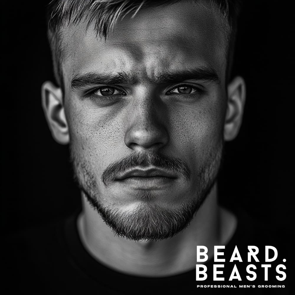 Close-up of a man with an oval face shape, featuring soft, balanced facial proportions and defined cheekbones. His well-groomed facial hair highlights the versatility of an oval face, demonstrating how to grow stubble that complements a naturally symmetrical appearance. The soft lighting emphasizes his smooth skin texture and structured jawline, while the dark background enhances the focus on his facial features.