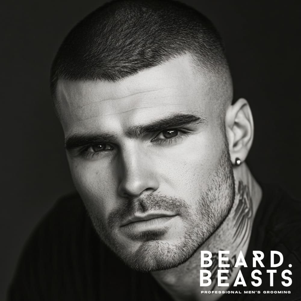 Close-up of a man with a well-groomed appearance, emphasizing his sharp jawline and defined cheekbones. The buzz-cut hairstyle and tattoo on his neck add to his bold and edgy look.