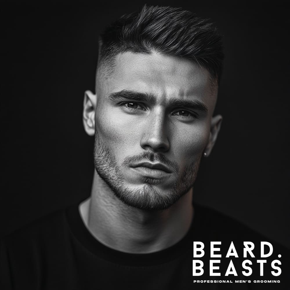 Close-up of a man with a square face shape, showcasing his sharp jawline and defined cheekbones. His well-groomed facial hair emphasizes the strong angles of his face, providing an example of how to grow stubble for a bold and masculine look. The hairstyle adds volume and complements the structured facial features, with a dark background enhancing the overall sharp and polished appearance.