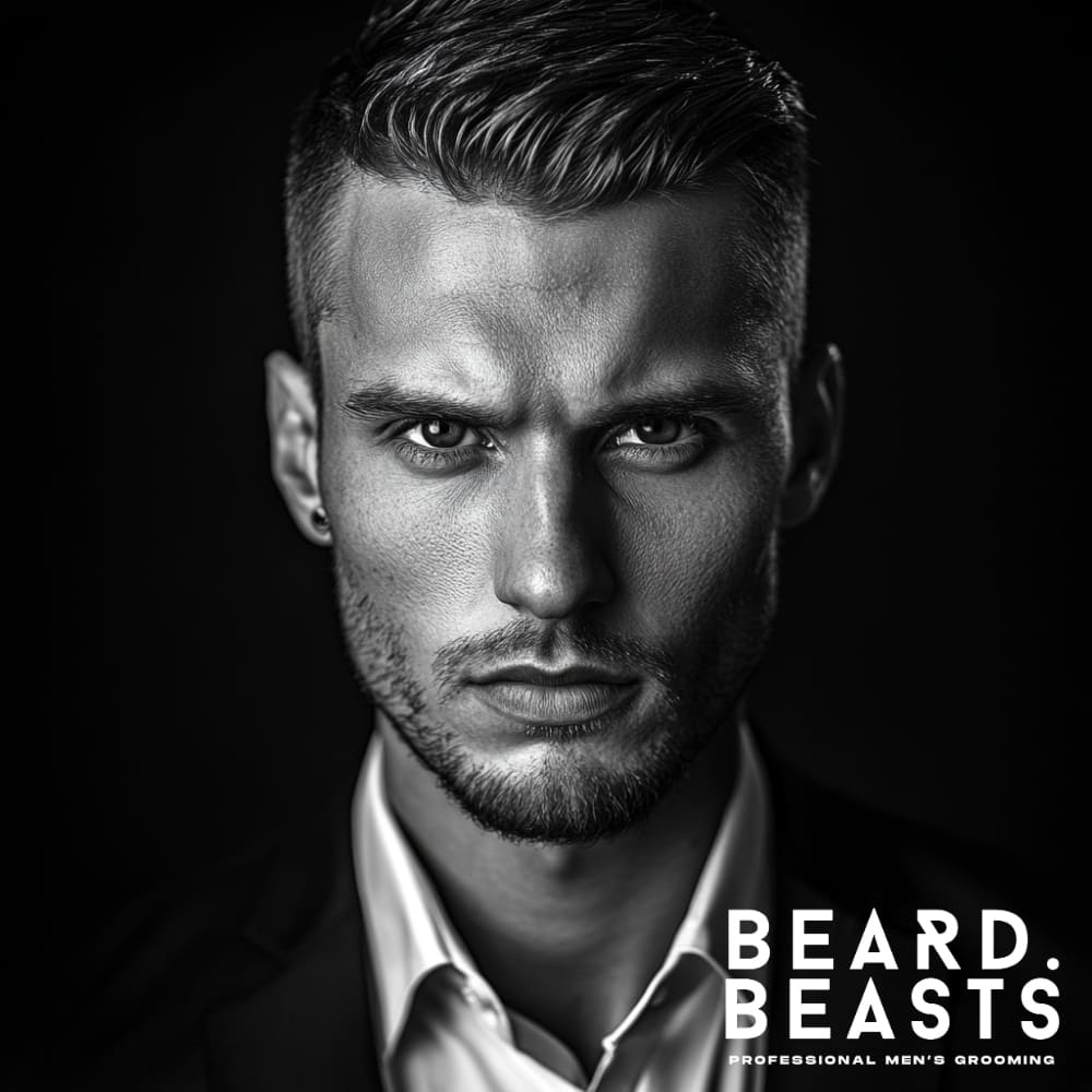 Close-up of a man with an oblong face shape, showcasing a defined jawline and symmetrical facial features. His hairstyle adds volume and balances the elongated proportions of his face. The sharp lighting highlights the structure of his features, while the dark background enhances the focus on his confident and polished look.