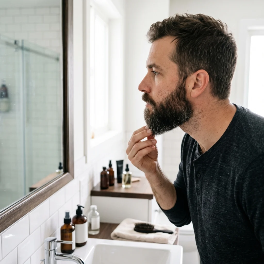 Man examining the coarse ends of his beard in the mirror to check the hair texture and condition.