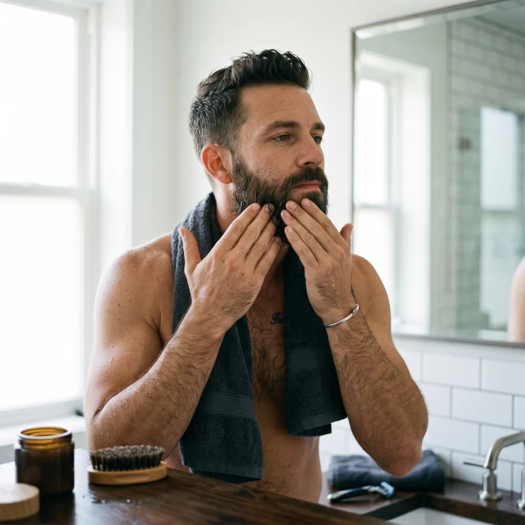 Man working conditioning product through a damp beard after washing.