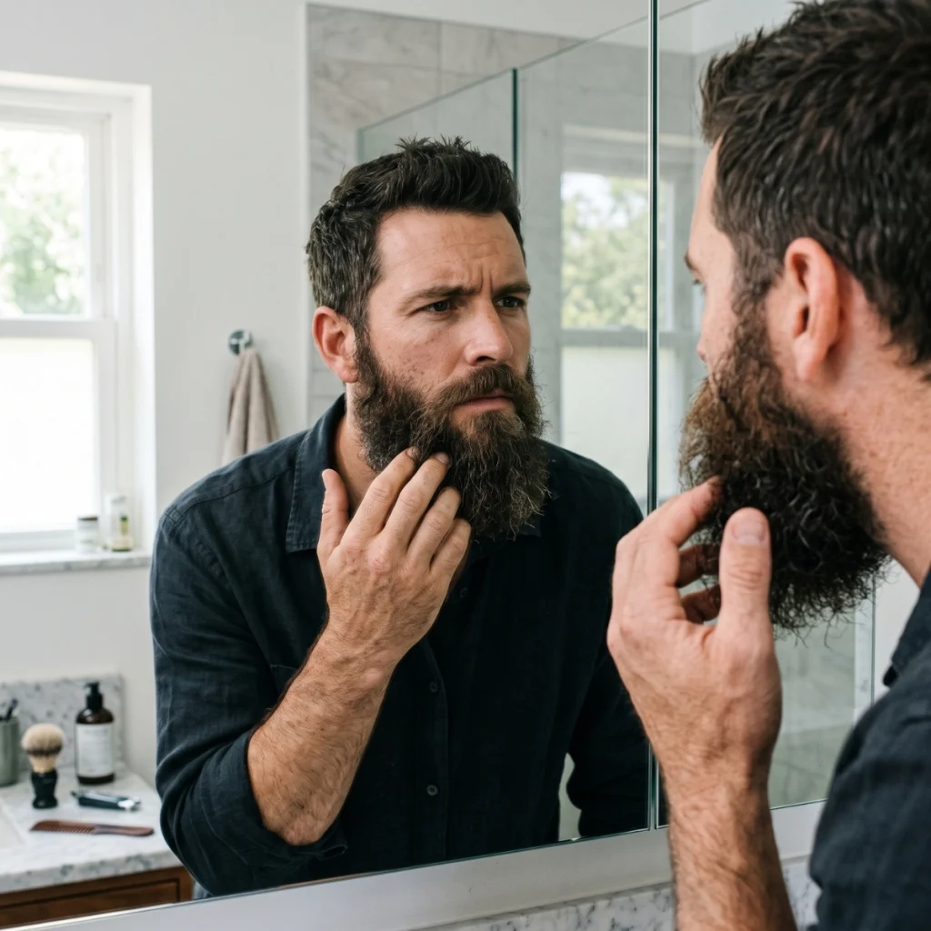 Man examining a rough, wiry beard in the mirror to check why the hair feels coarse.
