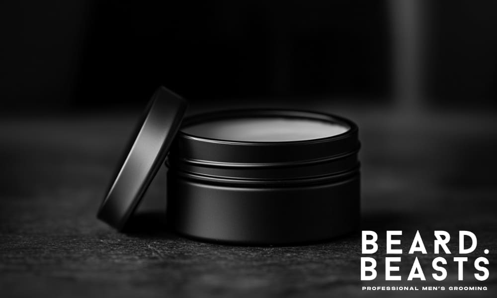 Matte black tin of premium beard balm opened on a dark surface, showcasing the product's smooth texture—ideal for hydration, control, and grooming refinement.