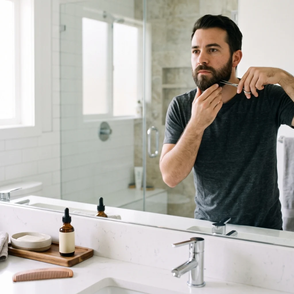 Man trimming his beard in the mirror as part of regular beard maintenance