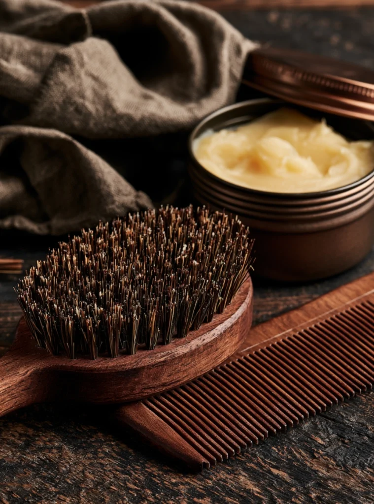 Beard balm residue collected on a beard brush and comb
