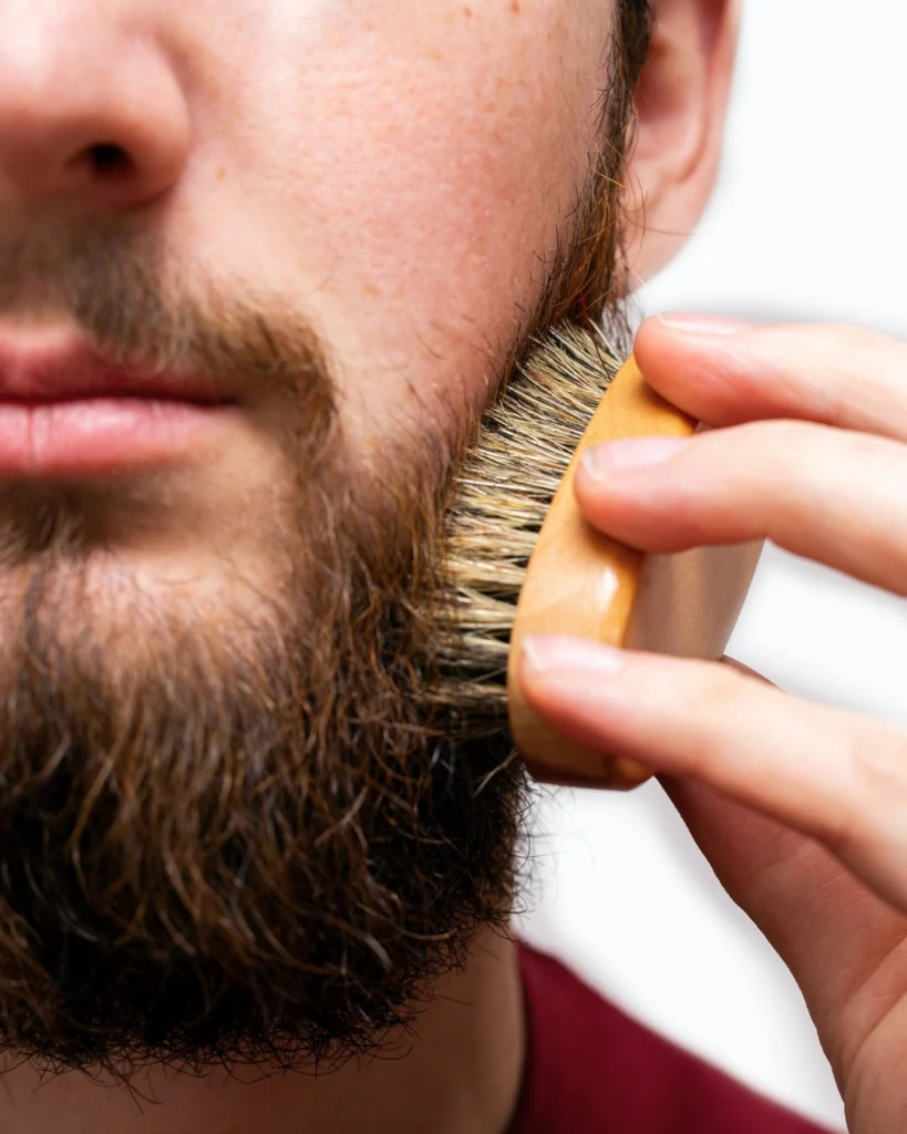 Man brushing a medium-length beard with a wooden beard brush