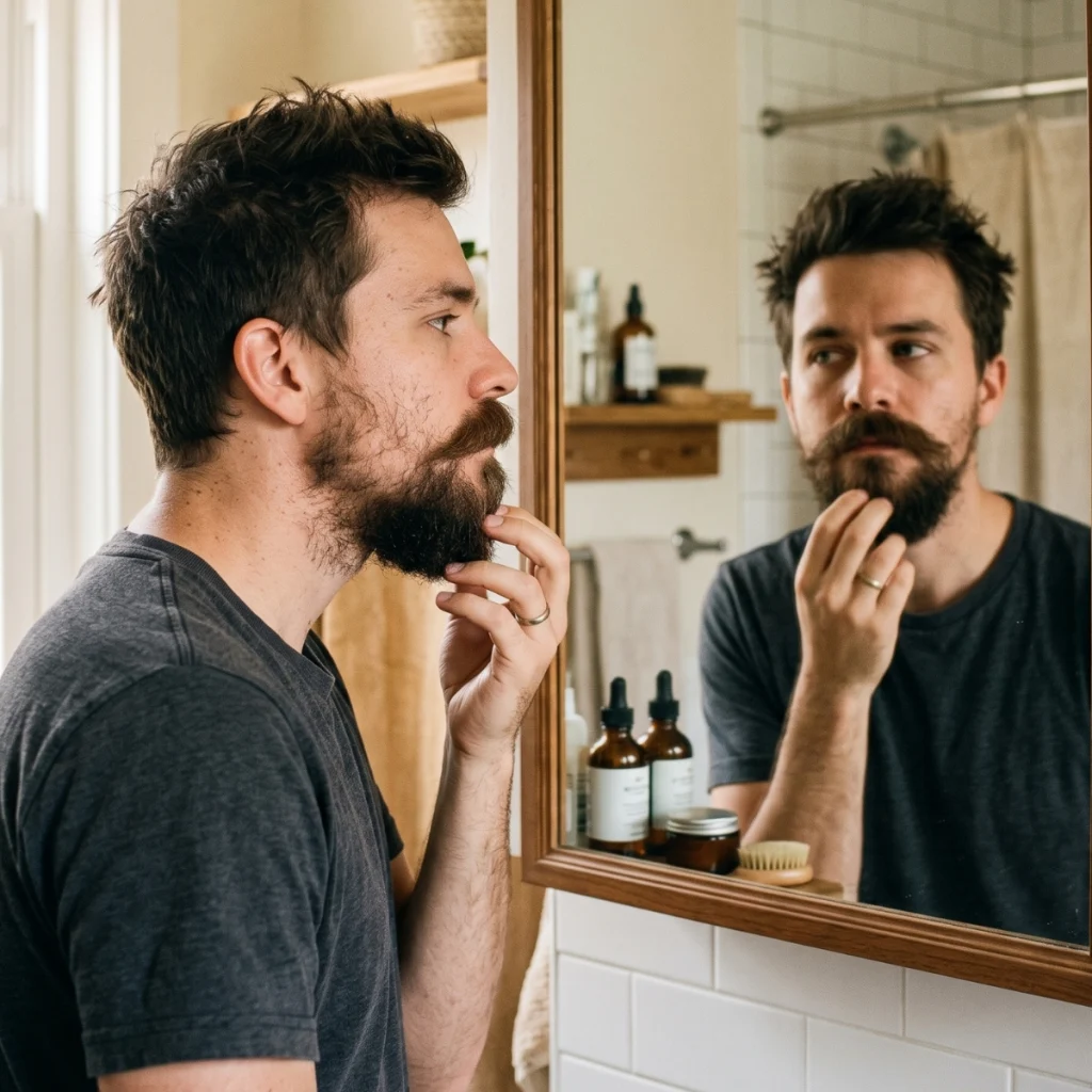 Man checking thinner cheek growth and stronger chin growth while deciding which beard style he can grow