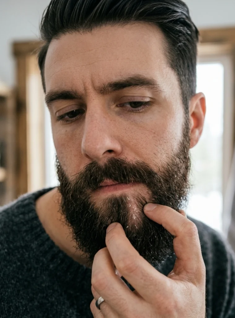 Man parting his beard to check dry, flaky skin underneath