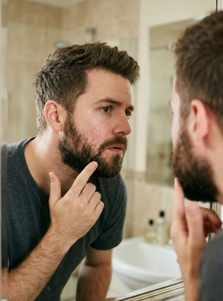 Man checking irritated skin beneath his beard in a mirror