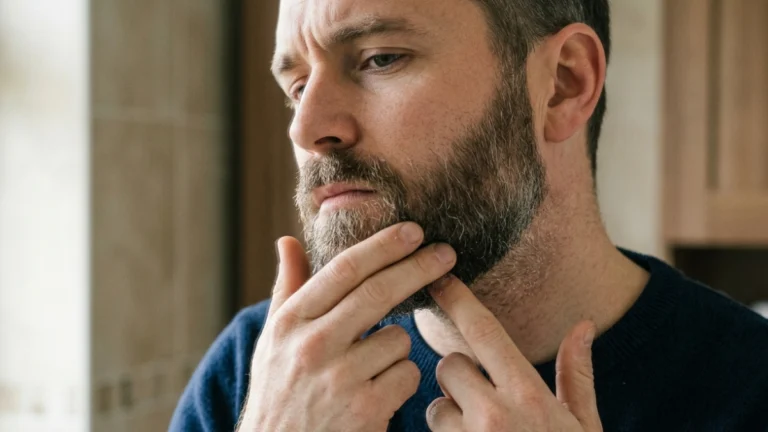 Man checking dry skin under his beard