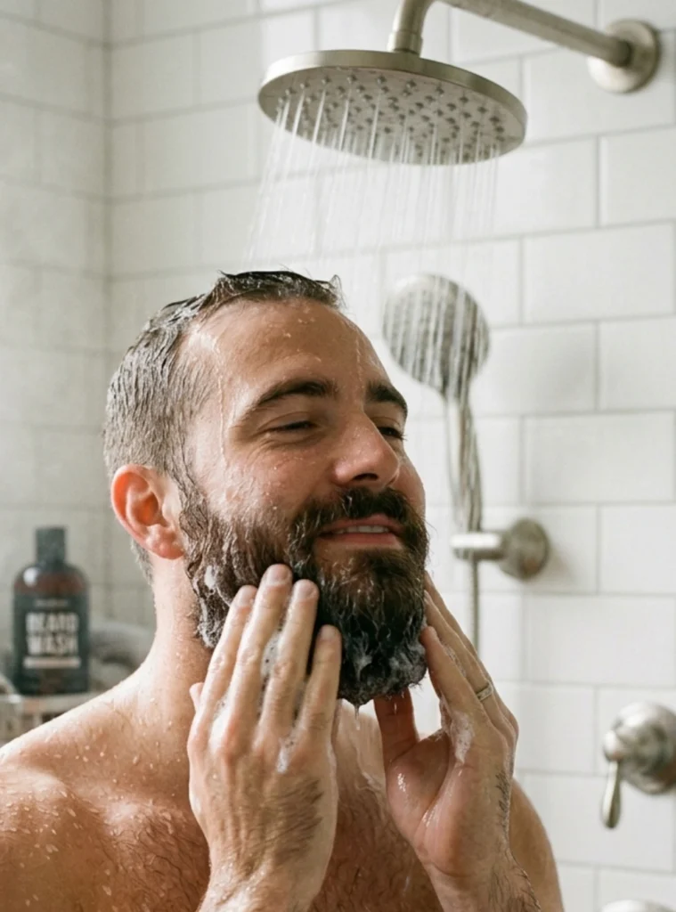 Man gently washing his beard with his fingertips