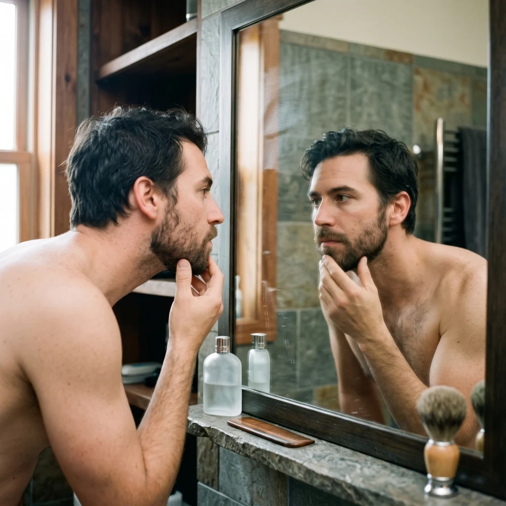 Man checking his beard growth in the mirror before deciding whether to keep growing it