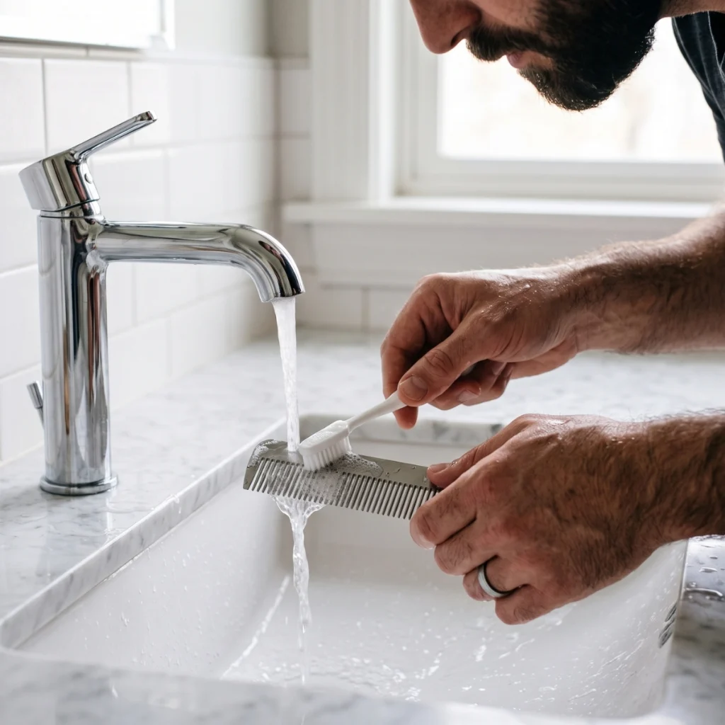 Man cleaning a metal beard comb under warm running water with a soft toothbrush.
