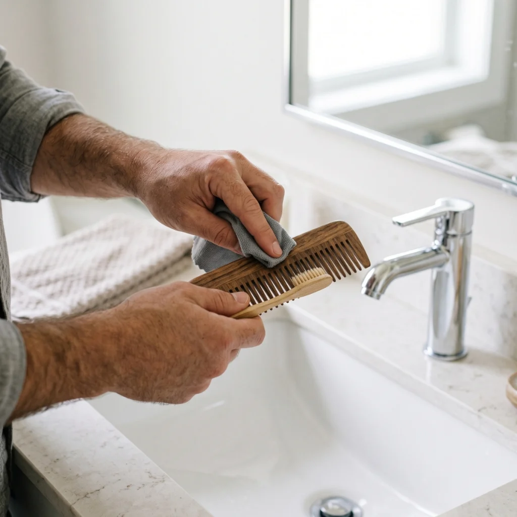 Man cleaning a wooden beard comb with a damp cloth and soft toothbrush.