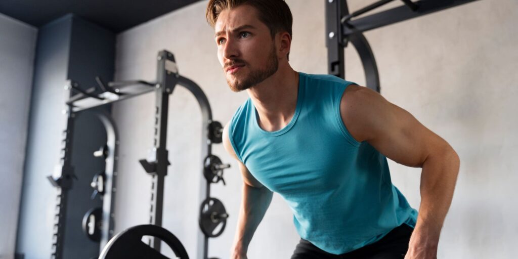 A focused man in a gym working out in the morning, performing strength training exercises.
