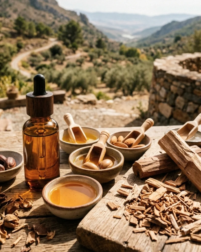 Amber bottle of sandalwood beard oil beside carrier oils, almonds, and sandalwood pieces