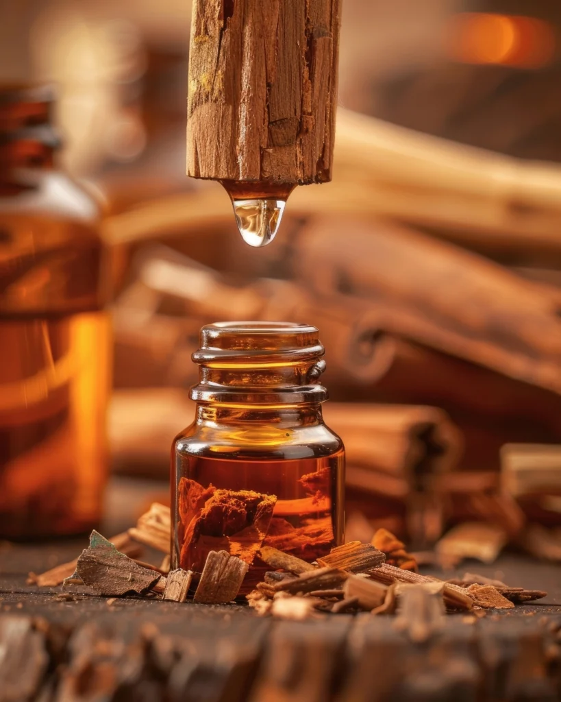 Drop of sandalwood essential oil falling into a glass bottle surrounded by sandalwood pieces