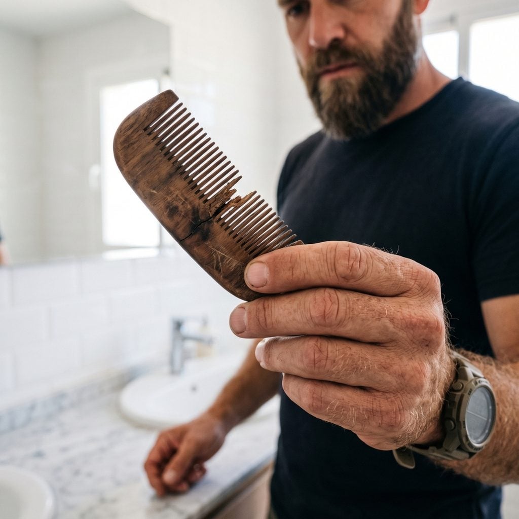 Man inspecting a cracked and damaged wooden beard comb that needs replacing.