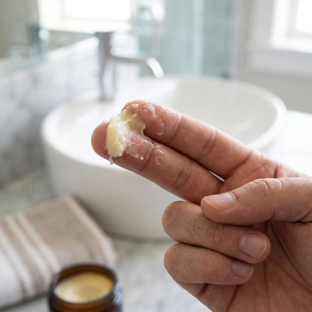 Small amount of beard balm on a man's fingertips before application