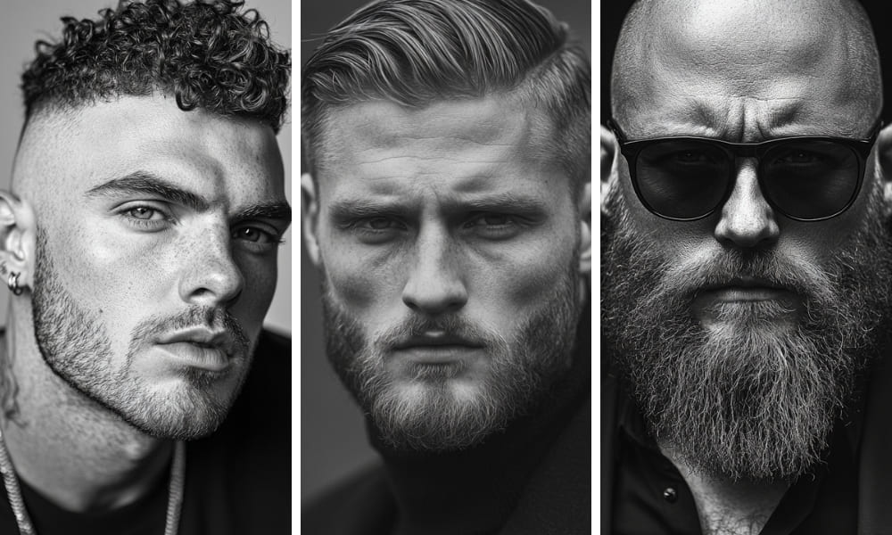 Side-by-side comparison of stubble, medium beard, and full beard on three men, showing different beard growth stages.