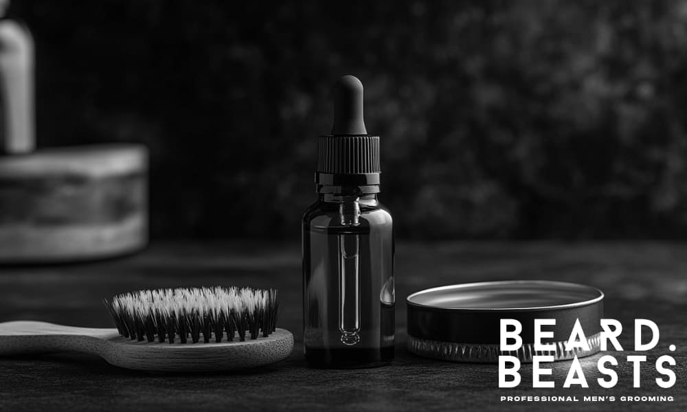 Beard oil bottle with dropper, wooden beard brush, and balm tin on a dark grooming surface.