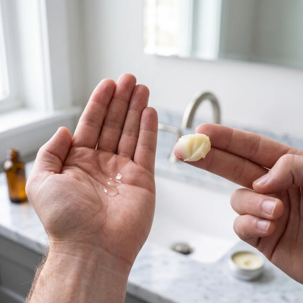 Beard oil in one hand and beard balm on fingertips showing the difference in texture