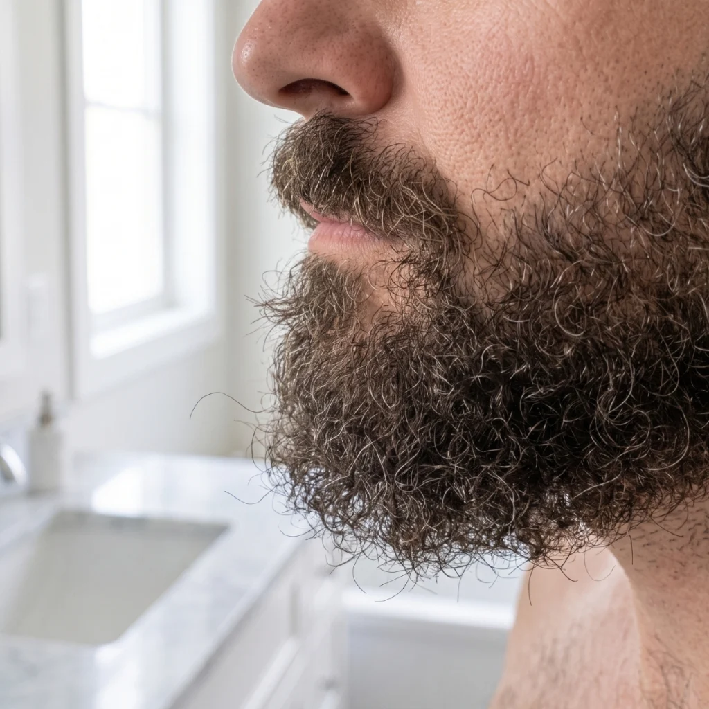 Close-up of a coarse curly beard with hairs pushing outward around the jaw