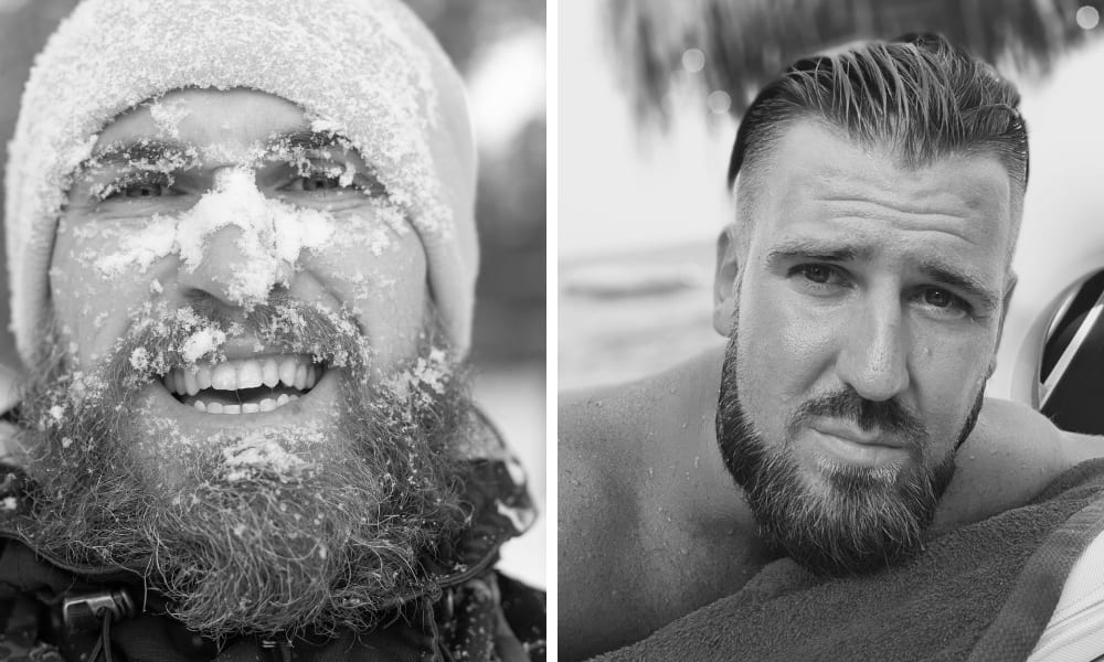 Side-by-side image of a bearded man in snowy cold weather and another in a sunny beach setting, showing beard care in different climates.