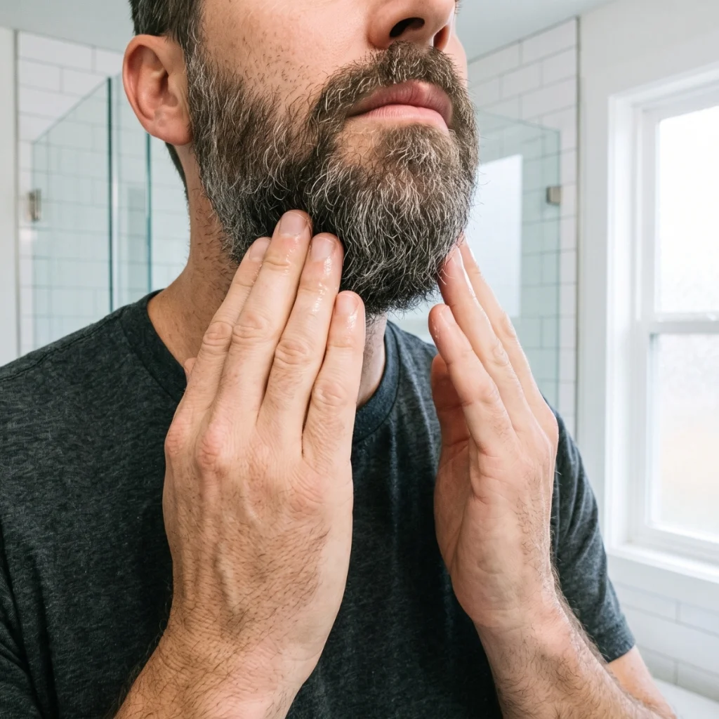 Man working beard balm through his beard with both hands