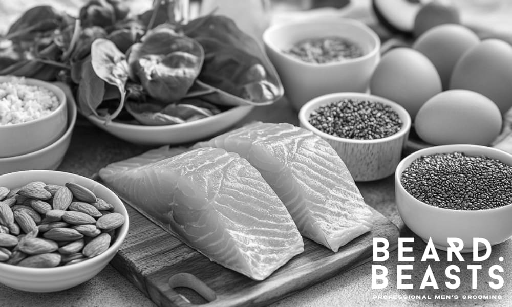 Fresh salmon, eggs, spinach, nuts, and seeds on a kitchen counter—natural whole foods that support beard growth and hormone health.