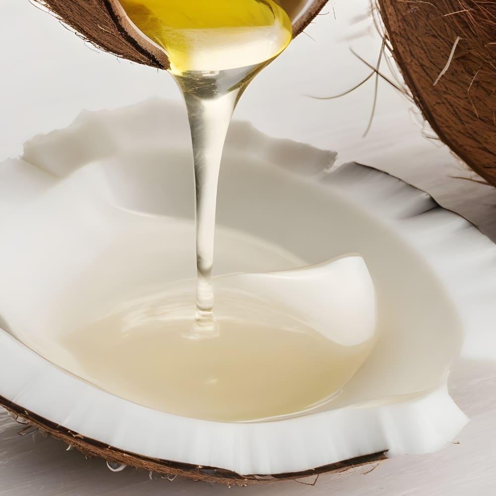 Golden coconut oil being poured from a cracked coconut into a bowl made from a halved coconut shell, highlighting its natural and organic qualities, set on a clean white surface.