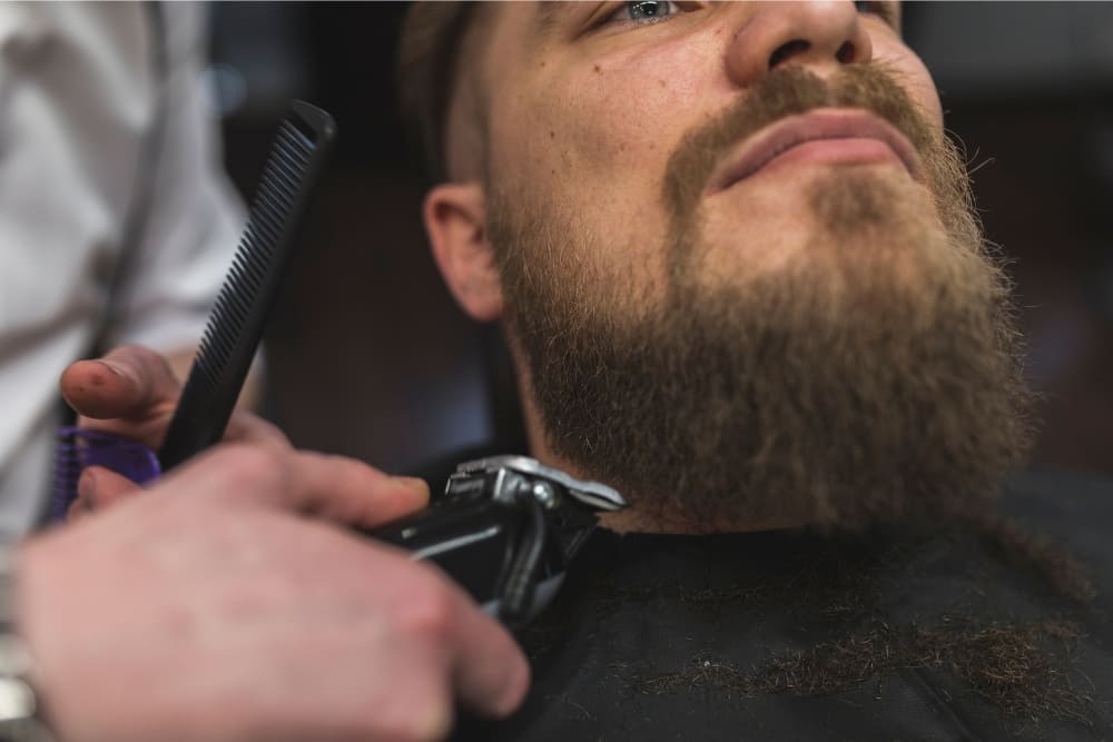 Close-up image of a man at a barbershop receiving a beard trim with electric clippers and a comb. The thick, well-grown beard shows slight signs of dryness and beard split ends, emphasizing the importance of professional grooming to maintain a healthy, polished appearance